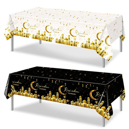 PHOGARY Ramadan Decorations 2 Pcs Ramadan Kareem Tablecloth, Ramadan Tablecloths Disposable Rectangle Plastic Eid Mubarak Table Covers for Eid Al-fitr Party Eid Decorations 54" X108", Black and White
