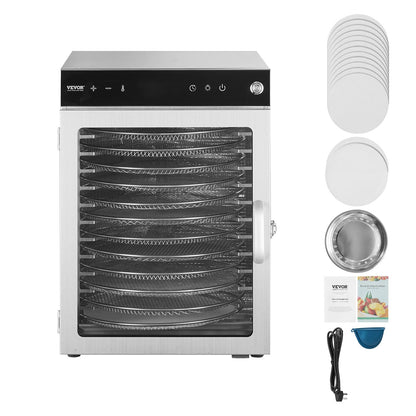 VEVOR Food Dehydrator Machine, Rotary 12 Stainless Steel Trays, 800W Electric Food Dryer with Adjustable Temp & 24-Hour Timer, Food-Dehydrator for Jerky, Meat, Fruit, Vegetables, Herbs, Dog Treats