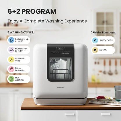 COMFEE' Countertop Dishwasher, Portable Dishwasher with 6L Built-in Water Tank, Mini Dishwasher with More Space Inside, 7 Programs, UV Hygiene& Auto Door Open, for Apartments, Dorms& RVs, White