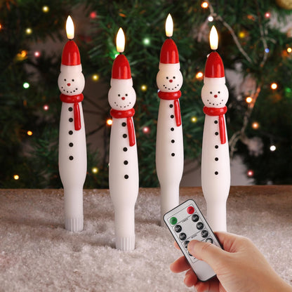 Eywamage Snowman Christmas Flameless Taper Candles with Remote, Flickering Battery LED Wax Candlesticks Set of 4