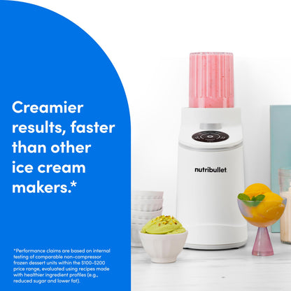 nutribullet Chill Ice Cream Maker, for Gelato, Sorbet, Frozen Yogurt, Smoothie Bowls, Compact Size, (2) Dishwasher Safe 16 oz. Pint Cups with Lids, White, NBD50100AW