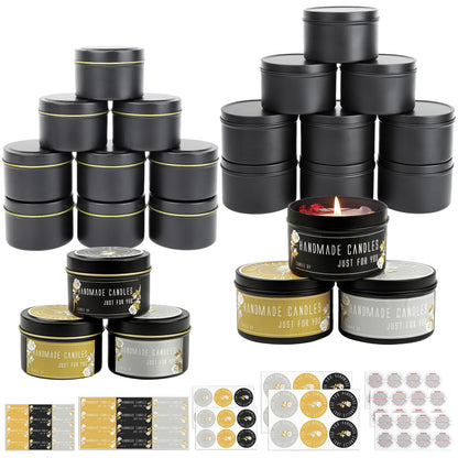 CONNOO 24 Pack Candle Tins - 12pcs 8oz + 12pcs 4oz Matte Black Candle Jars with Lids for Making Candles, Bulk Empty Candle Containers with Sticky Warning Labels for Candle Making, Storage, and Gift