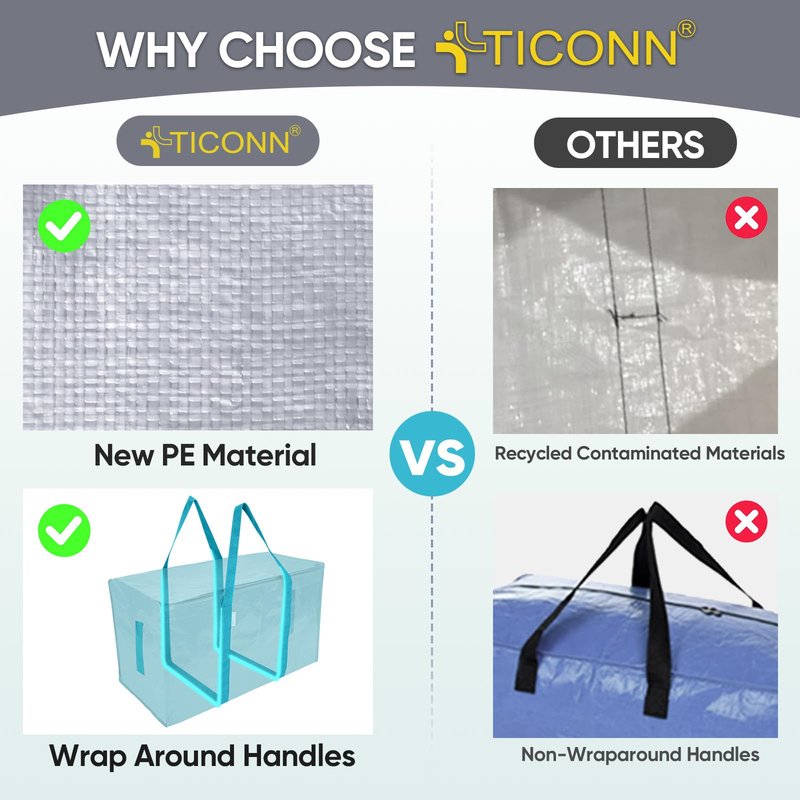 TICONN 8 Pack Extra Large Moving Bags Heavy Duty with Zippers & Carrying Handles, Durable Storage Bags Moving Boxes for Closet Organizers and Storage (8 Pack, Aqua)