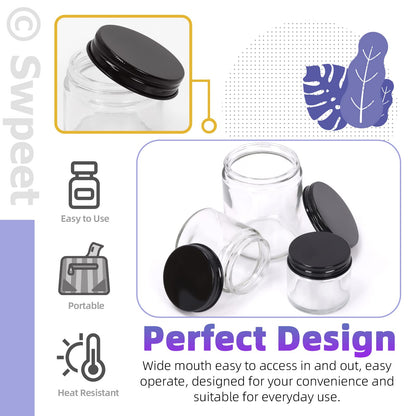 Swpeet 15 Packs 2 oz - 60ML Transparent Glass Jar with Black Lid Assortment Kit, Round Containers Cosmetic Glass Jars with Lids Travel Jars Cosmetic Containers for Cream, Lotion
