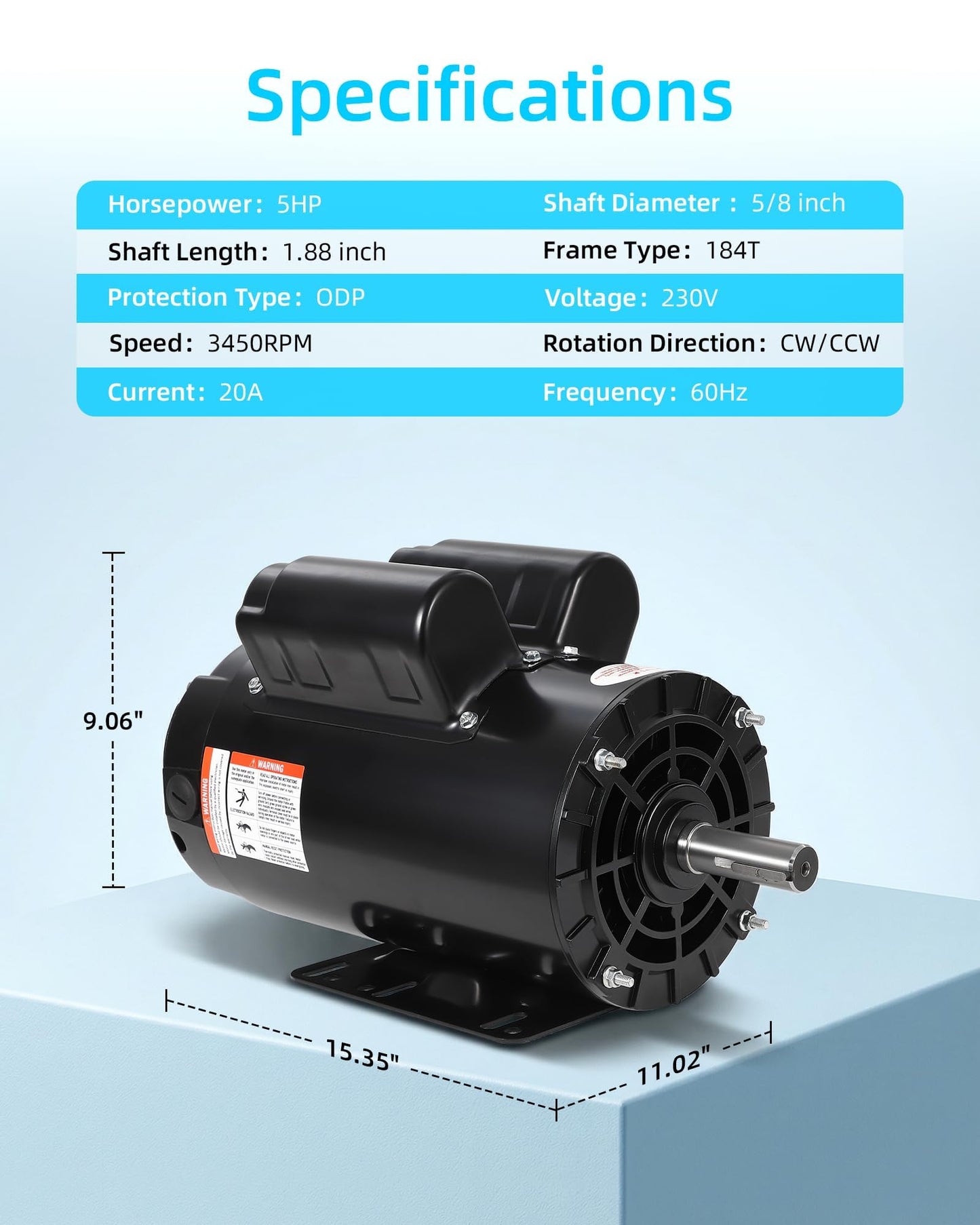 5HP SPL Air Compressor Electric Motor, 230V 17.6Amps, 56 Frame 3450RPM, 5/8“ Keyed Shaft, 1.88” Shaft Length, Single Phase, CW/CCW Rotation, Powerful Motor for General Equipment