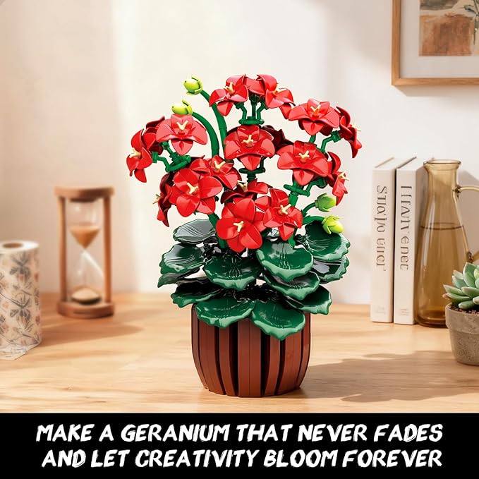Flowers Geranium Botanicals Building Set - Artificial Bonsai Plants for Home Office Decor Display 548PCS Geranium Flowers Pot Building Blocks for Adults Women Age 12+ Gift for Easter