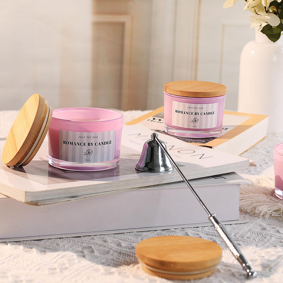 REISEN 12 PCS Purple Candle Jars for Making Candles, 4 OZ Glass Jars with Bamboo Lids and Sticky Warning Labels, Candle Containers for DIY Gifts, Candle Making Supplies