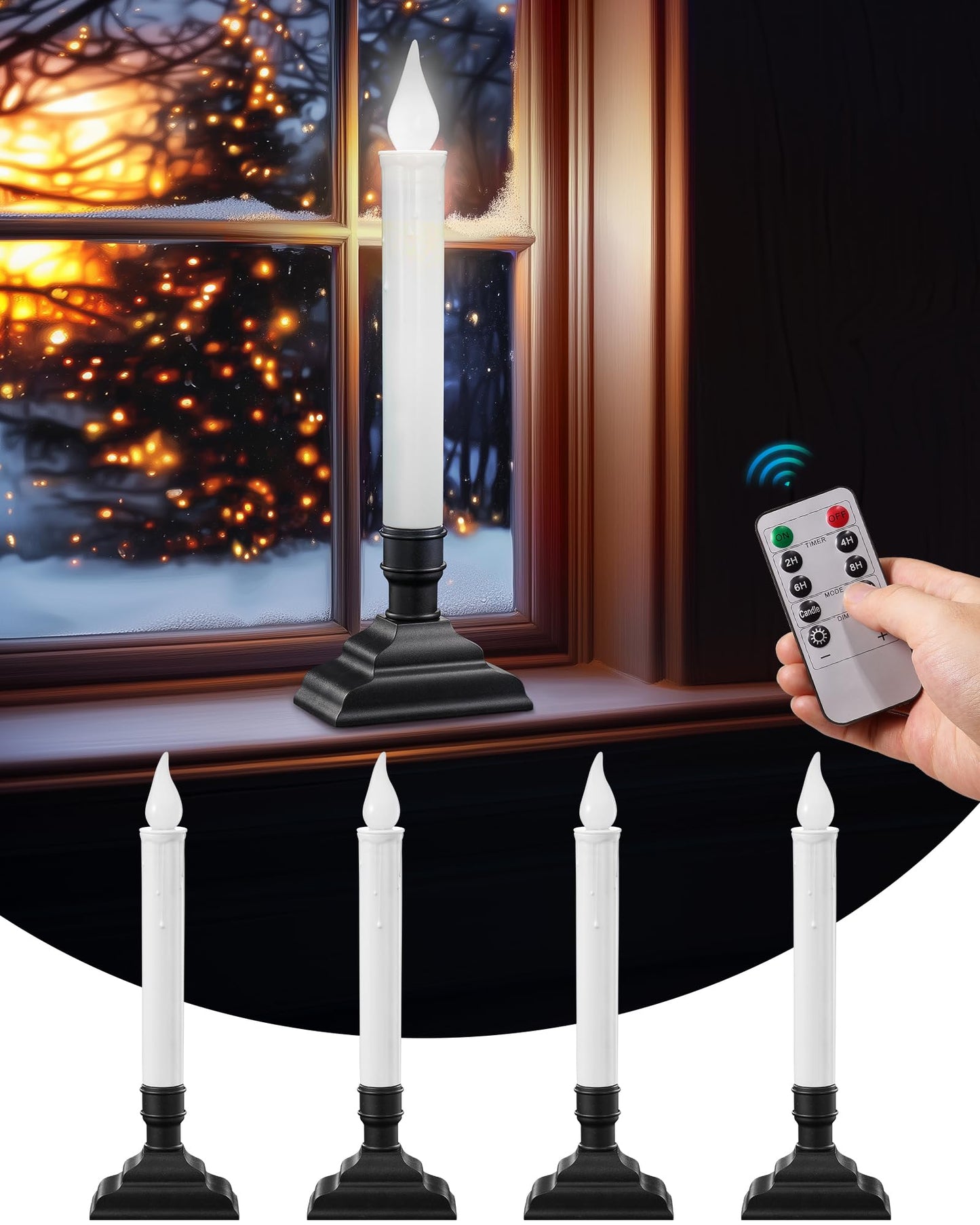 SURAIELEC Battery Operated Christmas Window Candles with Remote, Timer, Dimmable, Window Candle Lights with Removable Candle Holders, Christmas Candles for Window, Mantel, Matte Black, 4-Pack