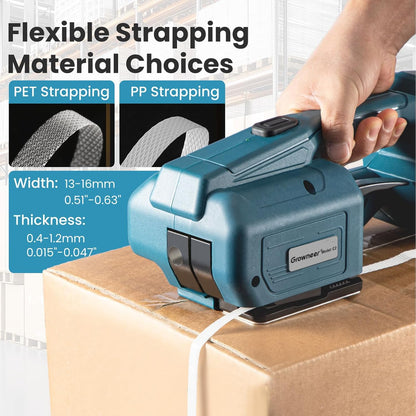 GROWNEER Electric Strapping Machine with LCD Screen, Automatic Portable Strapping Tool for 0.51"-0.63" PP PET Straps, 2 x 4000mAh Batteries, Digital Display Tensioner for Packaging Boxes and Pallets