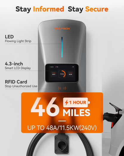 WOLFBOX Level 2 EV Charger 48 Amp - Smart Display, RFID Card, 25ft Cable, Outdoor/Indoor, Hardwired EV Charger Level 2, WiFi Enabled Electric Car Chargeing, 240V Electric Vehicle Charging Stations