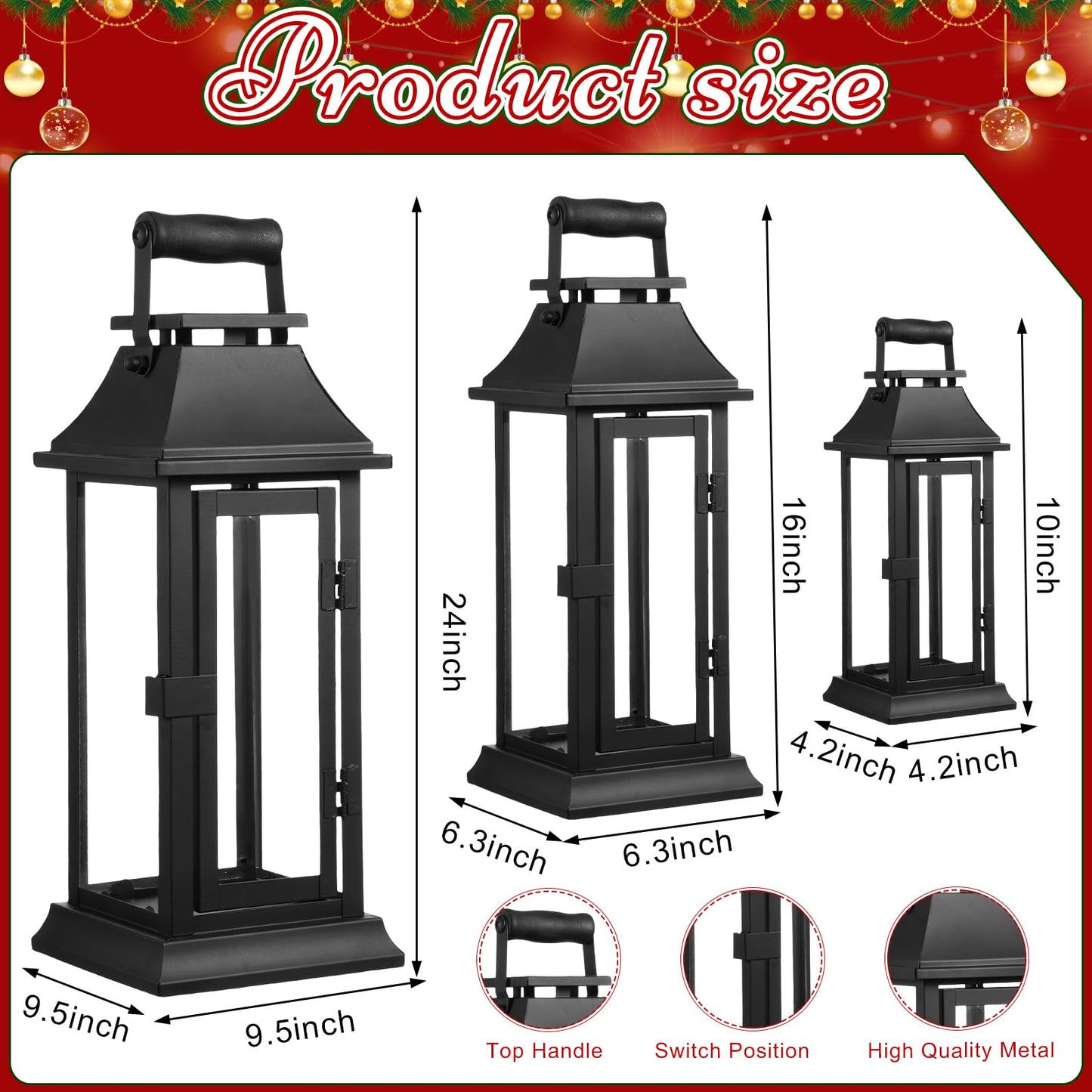 Mifoci Jumbo Black Metal Decorative Lanterns with Clear Glass Panel Hurricane Candle Lantern for Home Decor Party Event Tabletop Front Porch Wall Hanging Indoor Outdoor(3 Pcs,24'' 16'' 10'')