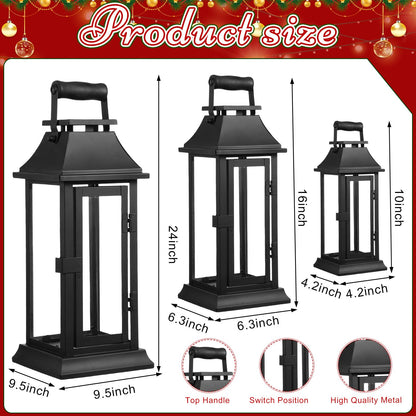 Mifoci Jumbo Black Metal Decorative Lanterns with Clear Glass Panel Hurricane Candle Lantern for Home Decor Party Event Tabletop Front Porch Wall Hanging Indoor Outdoor(3 Pcs,24'' 16'' 10'')