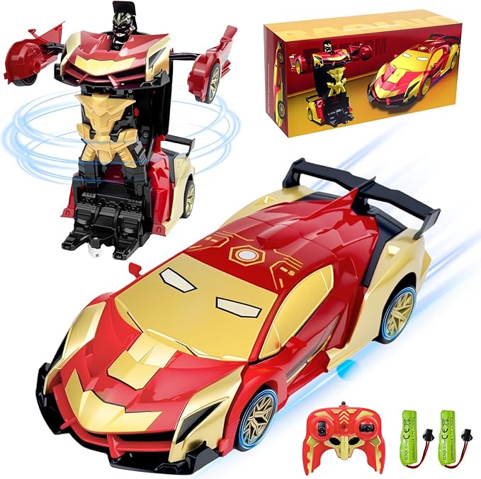 Iron Man Remote Control Car Toy for Boys 2.4Ghz RC Transform Robot Toy 1:18 Scale One-Button Deformation 360°Rotation Car with Underbody Lights Gifts for Boys Age 3 4 5 6 7 8 9 10 11 12