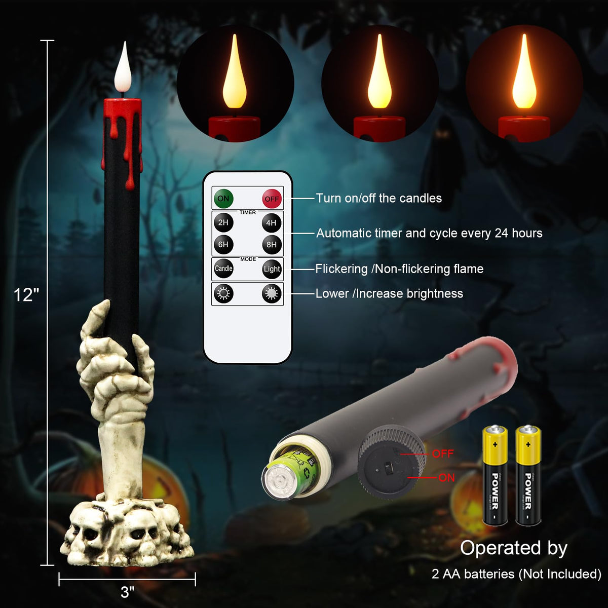Eldnacele Halloween Flameless Taper Candle Lights Battery Operated with Remote and Timer, 2 Pack Skeleton Hand Holders Black Dripping Wax Effect LED Flickering Candles Home Decor(3” x 12”)