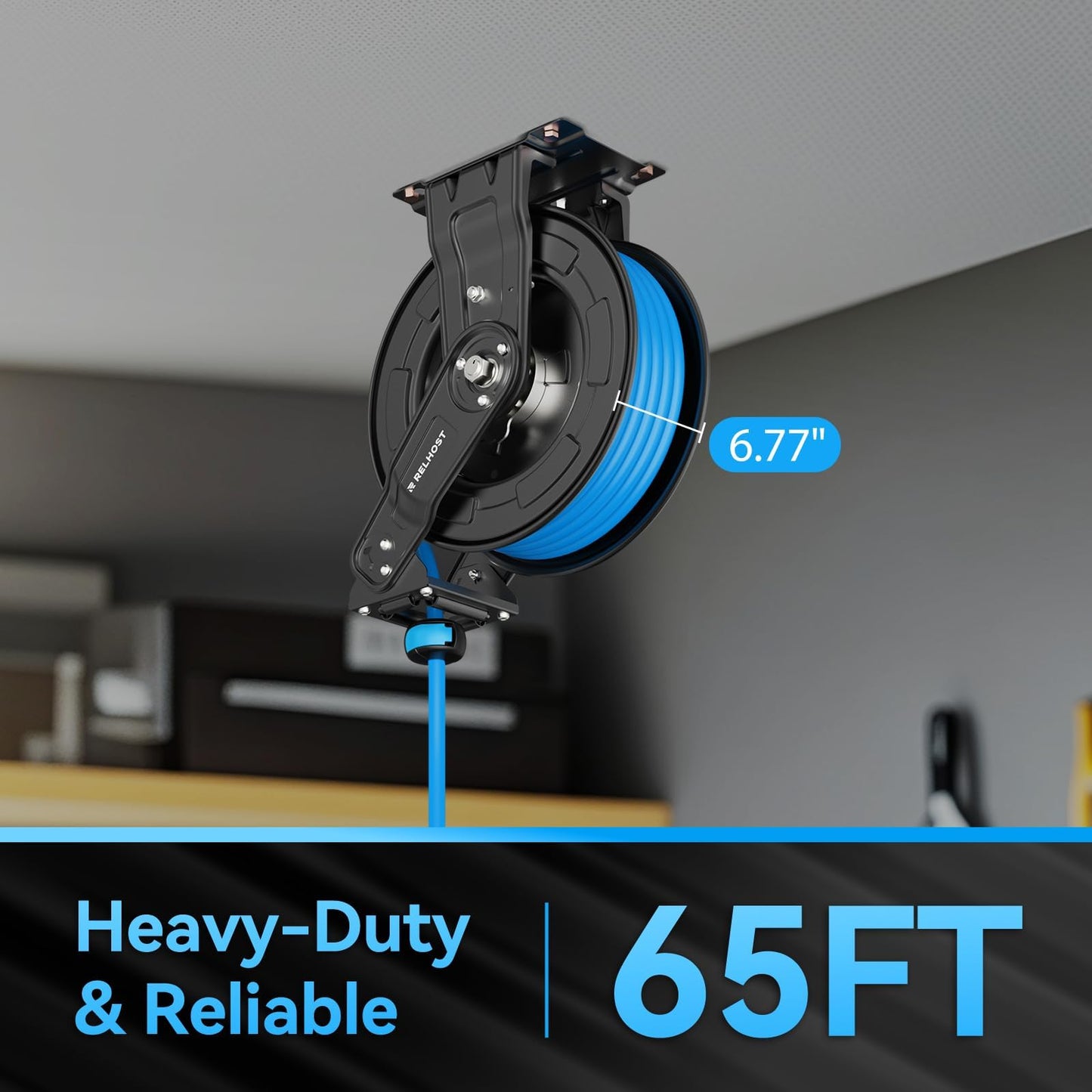 Retractable Air Hose Reel, 65ft x 3/8in Hybrid Air Hose (300PSI), Heavy Duty Compressor Hose Reel, Auto Rewind - Wall/Ceiling Mount for Workshops