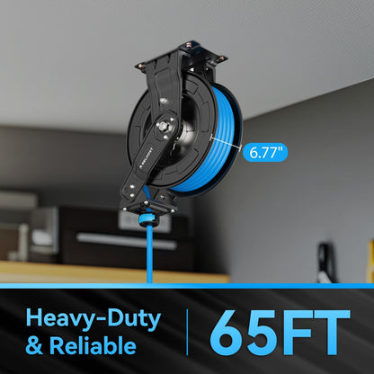 Retractable Air Hose Reel, 65ft x 3/8in Hybrid Air Hose (300PSI), Heavy Duty Compressor Hose Reel, Auto Rewind - Wall/Ceiling Mount for Workshops
