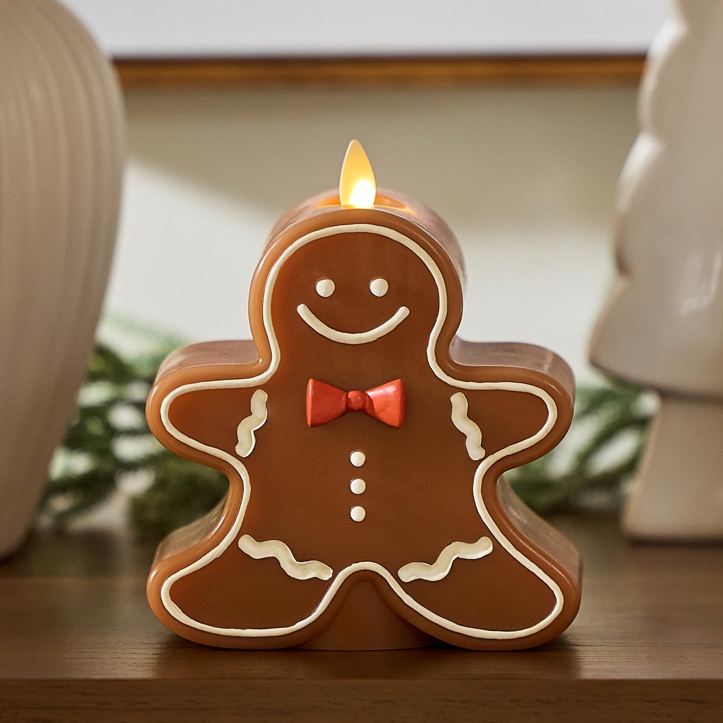 Luminara Flameless Candle Moving Flame LED with Timer, Real Unscented Wax Gingerbread Boy Figural 4.6"x5.5", Battery Operated Christmas Holiday Decor, Remote Compatible (Batteries Not Included)