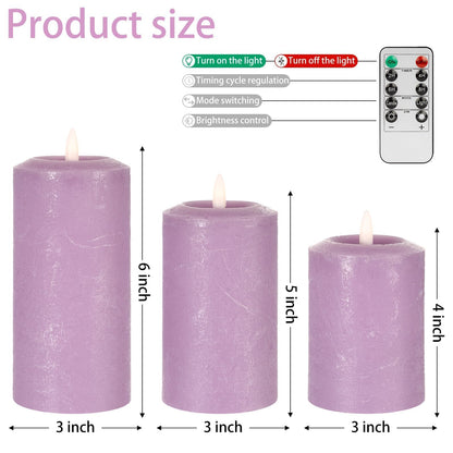 ANGELLOONG Purple LED Candle with Timer, Real Wax Flameless Pillar Candles with Remote, Set of 3 Flickering Electric Battery Operated Candles for Home Decor Halloween Christmas Decoration