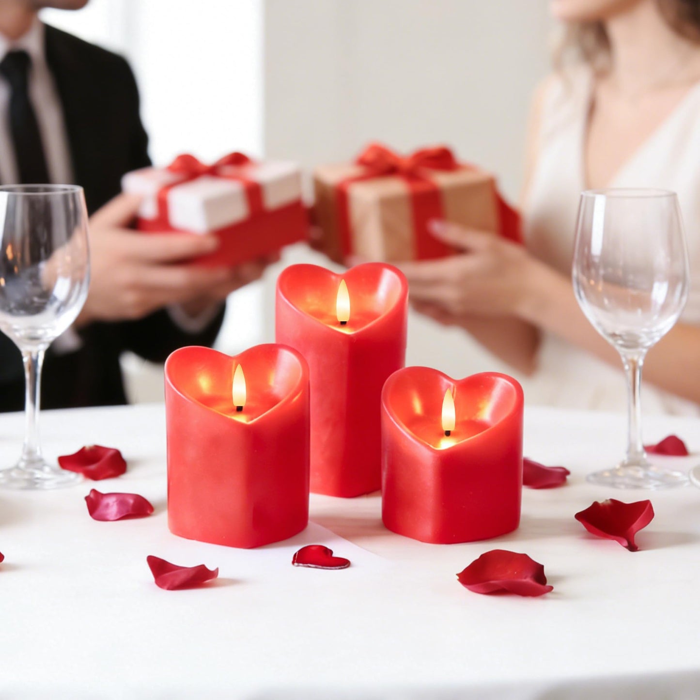 Valentine Day Flameless Pillar Candles with Remote, Real Wax Battery Operated Candles, Heart Shape LED Candle for Romantic Night Valentines Gifts Proposal Anniversary Festival Gift Decor(3 Pack)