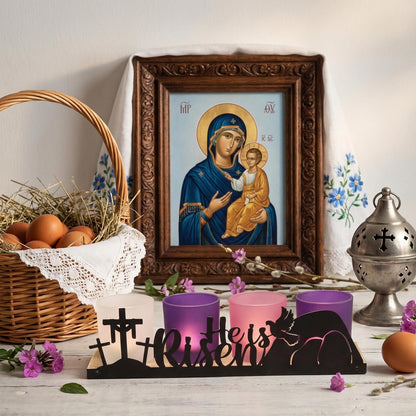 SYFURNIX He is Risen Easter Decor, 4 Glass Votive Tealight Candle Holders & 1 Wooden Tray, Easter Religious Decor for Church Event Pray Table Centerpiece, Christian Gift