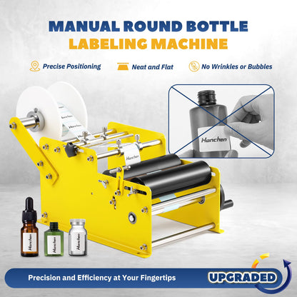 Manual Round Bottle Labeling Machine with High Precision & Speed, Adjustable Bottle Labeler Label Applicator Machine for Round Bottles Cylinders Effortless Labeling