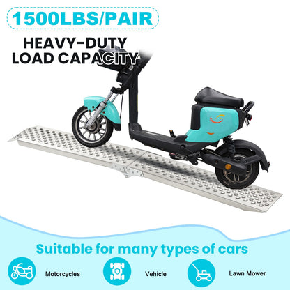 Foldable Aluminum Motorcycle Loading Ramp, 63" L x 8.5" W inches, 1500lbs Load Capacity, Lightweight, Non-Slip, Waterproof, Rust-Proof, Suitable for Trucks, Lawn Mowers, SUVs, Trailers, Set of 2