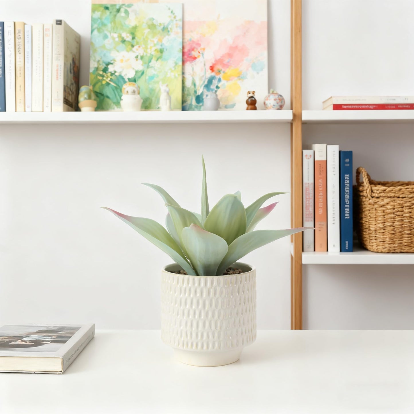 ALAGIRLS 11.8" Artificial Agave Plant, Faux Aloe Succulents Potted Plant Realistic Fake Agave Greenery with Ceramic Pot for Home Office Indoor Decor