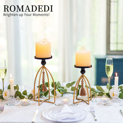 Romadedi Candle Holder Boho Decor - Set of 2 Metal Pillar Candle Stand with Beads for Living Room Mantle Shelf Farmhouse Table Centerpiece for Rustic Chic Home Decoration