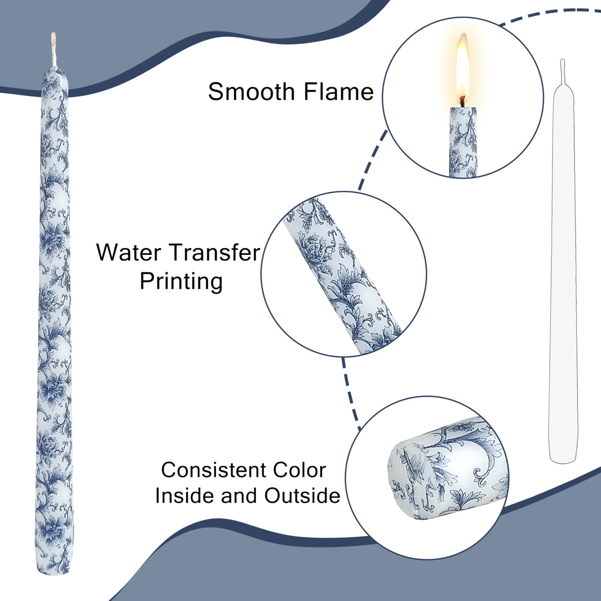 Handmade Printed Candles 10 in Long Candle Sticks Unscented Candle Blue and White Porcelain Pattern Candles for Home Wedding Dinner Holiday Party