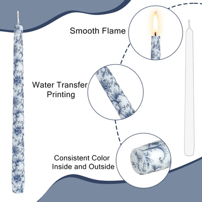 Handmade Printed Candles 10 in Long Candle Sticks Unscented Candle Blue and White Porcelain Pattern Candles for Home Wedding Dinner Holiday Party