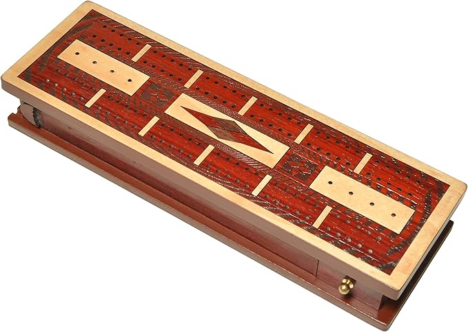 PALM ROYAL HANDICRAFTS - 2 Track Wooden Cribbage Board Set Inlaid in Blood Wood/Maple Wood Storage Available for Pegs and Cards