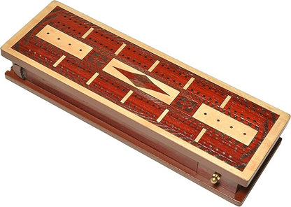 PALM ROYAL HANDICRAFTS - 2 Track Wooden Cribbage Board Set Inlaid in Blood Wood/Maple Wood Storage Available for Pegs and Cards