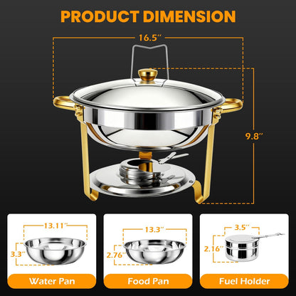 POWERFUEL Chafing Dishes for Buffet, 4 Pack 6QT Round Stainless Steel Chafers Sets with 4 Serving Tongs, Rolled-Edge Food Warmers for Parties, Catering, Weddings, Events Dinners