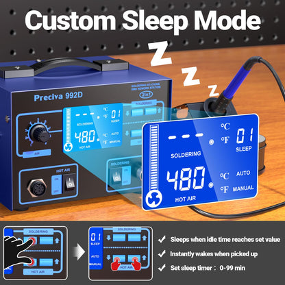 Preciva 992D 2-in-1 Soldering & Hot Air Rework Station with LCD Display – PID Temperature Control, Auto/Manual Hot Air Mode, Sleep Function for Iron, SMD Rework, Electronics Repair (750W)