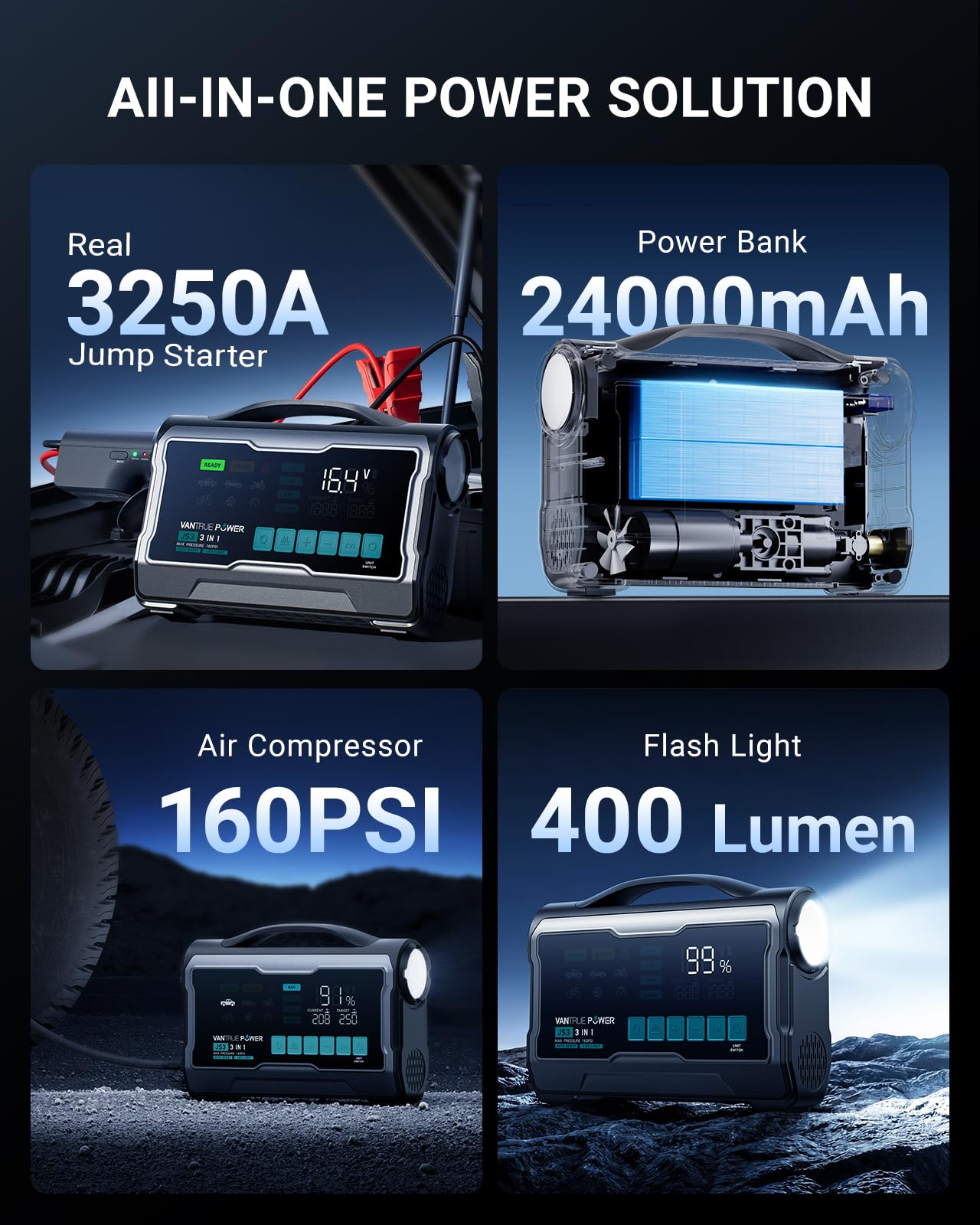 VANTRUE POWER JS3 Real 3250A Jump Starter with Air Compressor 160PSI, 12V Car Battery Booster with 9" Large Display, Jump Box with Light, 65W Fast Charging Power Bank, 8.0L Gas/3.8L Diesel Engines