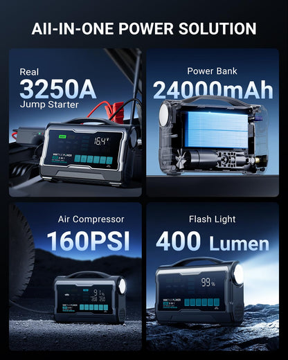 VANTRUE POWER JS3 Real 3250A Jump Starter with Air Compressor 160PSI, 12V Car Battery Booster with 9" Large Display, Jump Box with Light, 65W Fast Charging Power Bank, 8.0L Gas/3.8L Diesel Engines