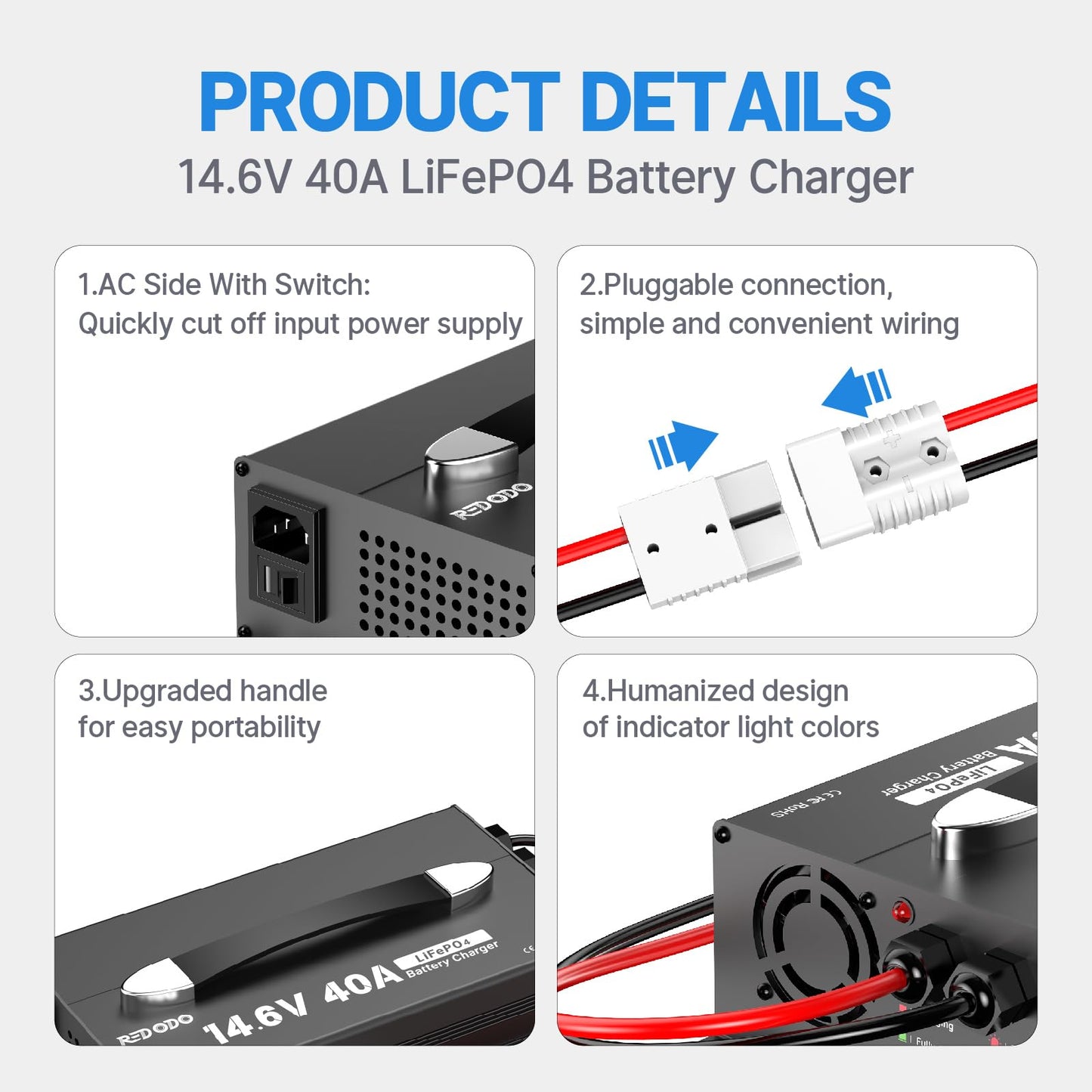 Redodo 14.6V 40A LiFePO4 Battery Charger, Dedicated Lithium Battery Charger,Upgraded Handle,Compact Durable Design with Full Protection, Perfect for 12V LiFePO4 Battery