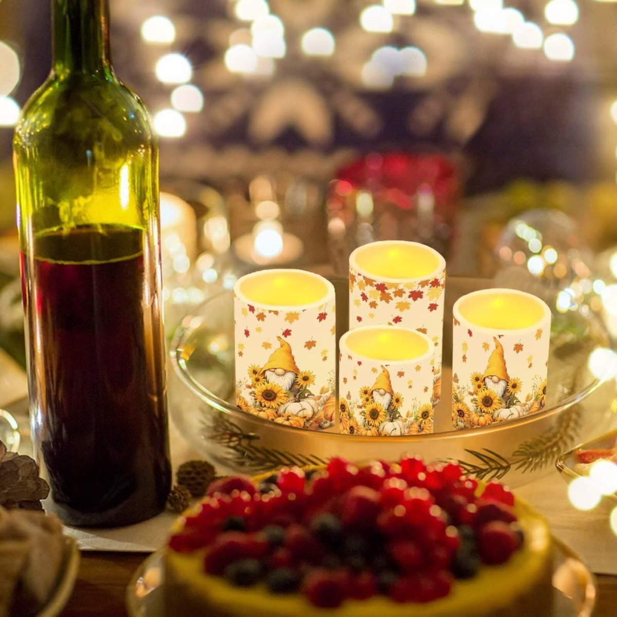 NETILGEN Thanksgiving Day Decor Flameless LED Candles with Remote Timer Control Long Lasting Pillar Candles Set of 4 Fall Maple Leaf Gnome Print