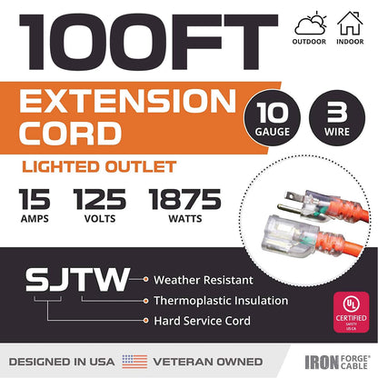 Iron Forge Cable Lighted Outdoor Extension Cord 100 Ft - 10 Gauge Heavy Duty Extension Cord, 15 AMP, 10/3 Orange Power Cable SJTW Weatherproof 3 Prong
