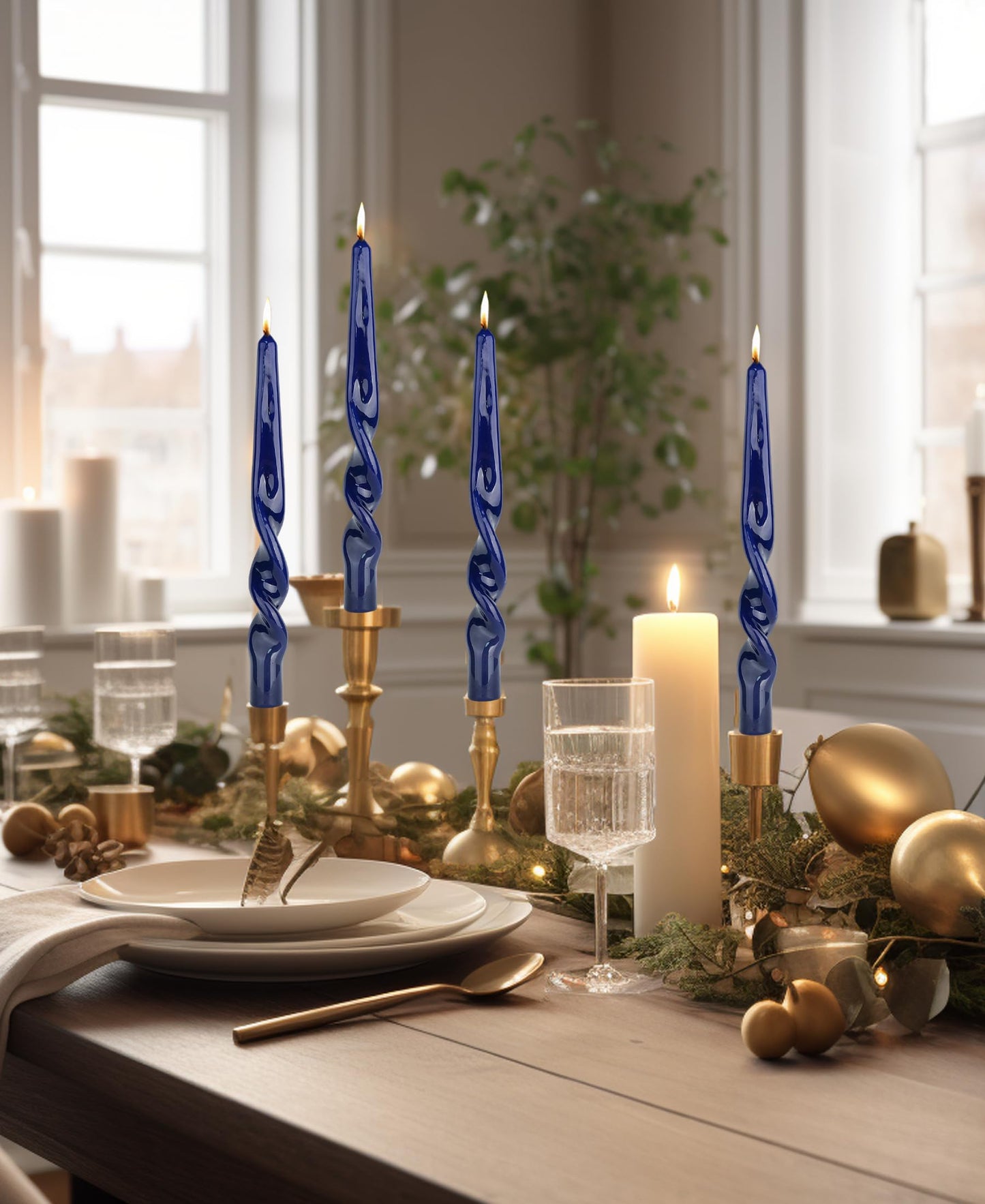 LPUSA Navy Spiral Taper Candles Twisted Candle Conical Stick Candles for Holiday Wedding Party Wax Unscented Dinner Candle Dripless,Christmas Gift10inch,4pcs(Navy-A)
