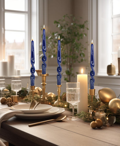 LPUSA Navy Spiral Taper Candles Twisted Candle Conical Stick Candles for Holiday Wedding Party Wax Unscented Dinner Candle Dripless,Christmas Gift10inch,4pcs(Navy-A)