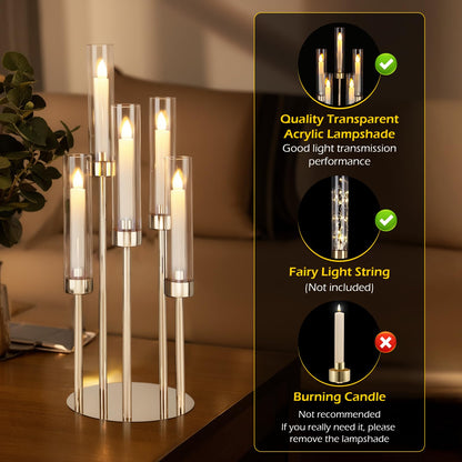 Dyna-Living Gold Candelabra Centerpiece 4 Set 26.8'' Tall Candle Holder Centerpiece for Tables, 5 Arms Candlestick Holders with Acrylic Lampshade, Gold Candelabra Floor Stands for Wedding Party Home