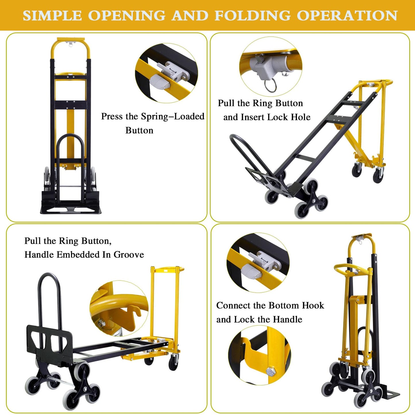SHUNWATER 4 in 1 Convertible Hand Truck Dolly Cart,1000 lbs Capacity Hand Trucks Heavy Duty,Stair Climbing Dolly for Moving House,Business Delivery,Transportation(Black Yellow)