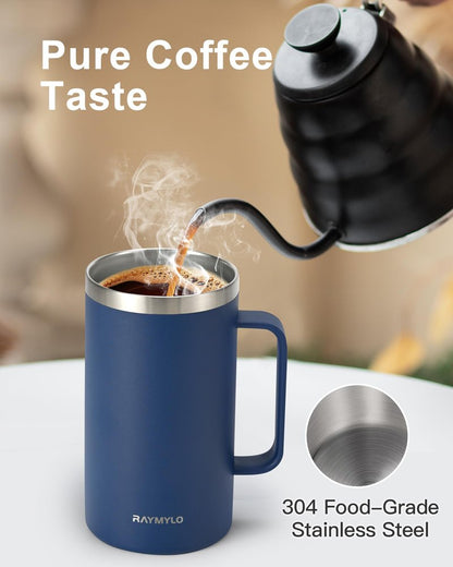 RAYMYLO Insulated Coffee Mug 24 oz, Spill-Proof & Detachable Slider Lid for Thorough Clean, Double Wall Stainless Steel Coffee Mug with Lids & Handle, Cold for 9 Hrs, Suitable for Camp Home Office