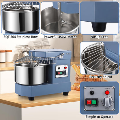 Commercial Dough Mixer, Garvee 8 QT Food Mixer 450W Dual Rotating Dough Kneading Machine with Stainless Steel Bowl, Stand Mixer with Safety Shield, 110V for Restaurant, Bakeries, Pizzeria