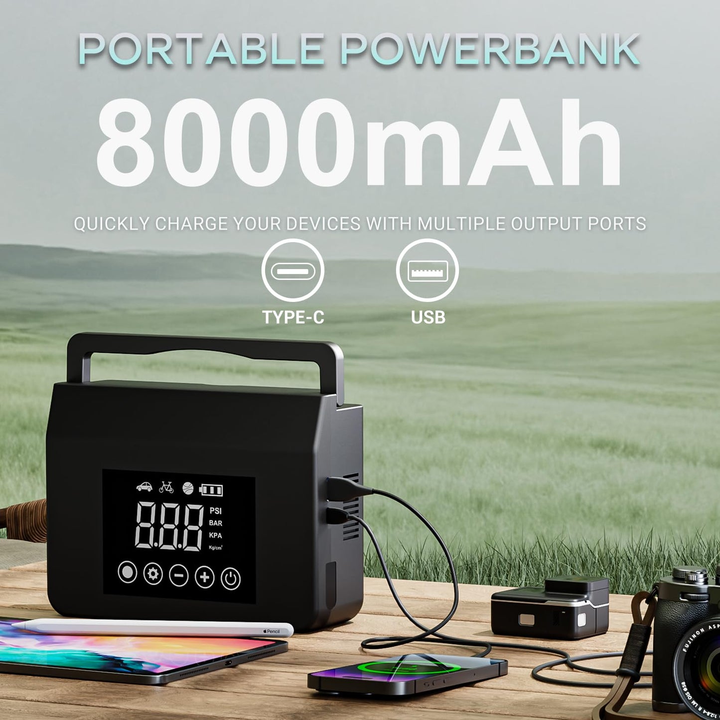 Hieha 4000A Jump Starter with Air Compressor, 12V Portable Car Battery Charger, 150PSI Tire Inflator, 15000mAh Power Bank, LED Flashlight for All Gas 8.0L & Diesel 7.0L Vehicles