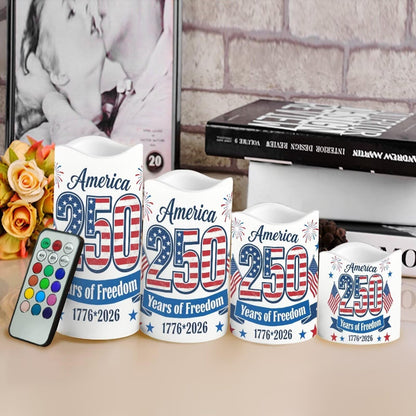 Uorisanigo 250 Years of Freedom Patriotic Flameless Candles Set of 4 American Flag Blad Eagle LED Battery Operated Candles Red White Blue Fake Electric Candles Holiday Party Patio Celebration Accents