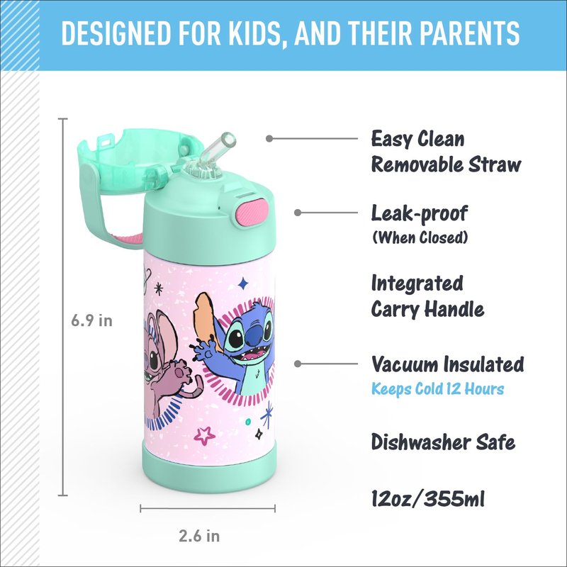 THERMOS FUNTAINER Water Bottle with Straw - 12 Ounce - Kids Stainless Steel Vacuum Insulated Water Bottle with Lid, Stitch