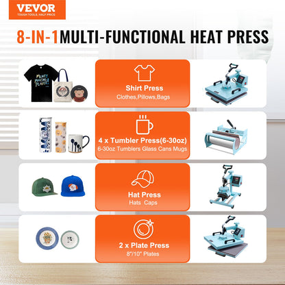 VEVOR Heat Press 15x15 inch, 5 in 1 T-Shirt Cap Hat Mug Press, Combo Tumbler Heat Press for plate Sublimation, Green