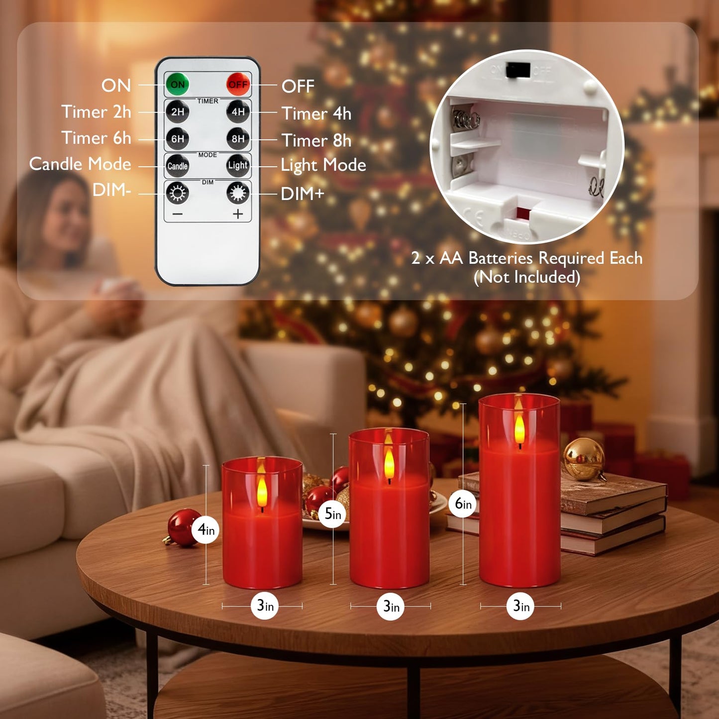 Amagic Christmas Glass Flameless Candles with Remote, Real Wax Pillar Candles Batter Operated with Timer, Red LED Fake Candle for Thanksgiving Decor, Set of 3, D3 xH4 5" 6"